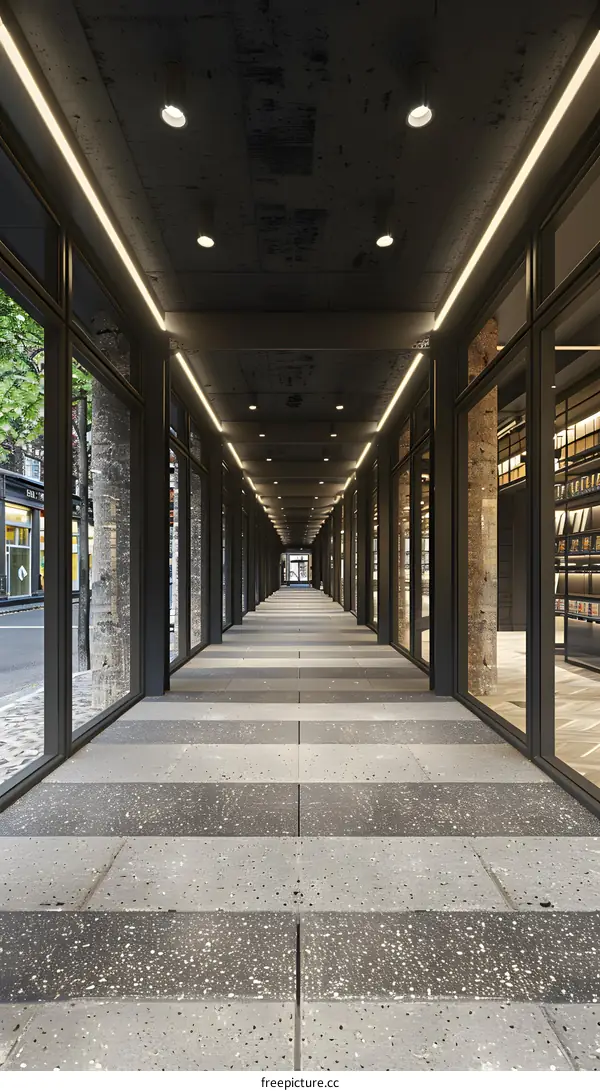 Modern Architecture Corridor With Glass Walls and Concrete Floor