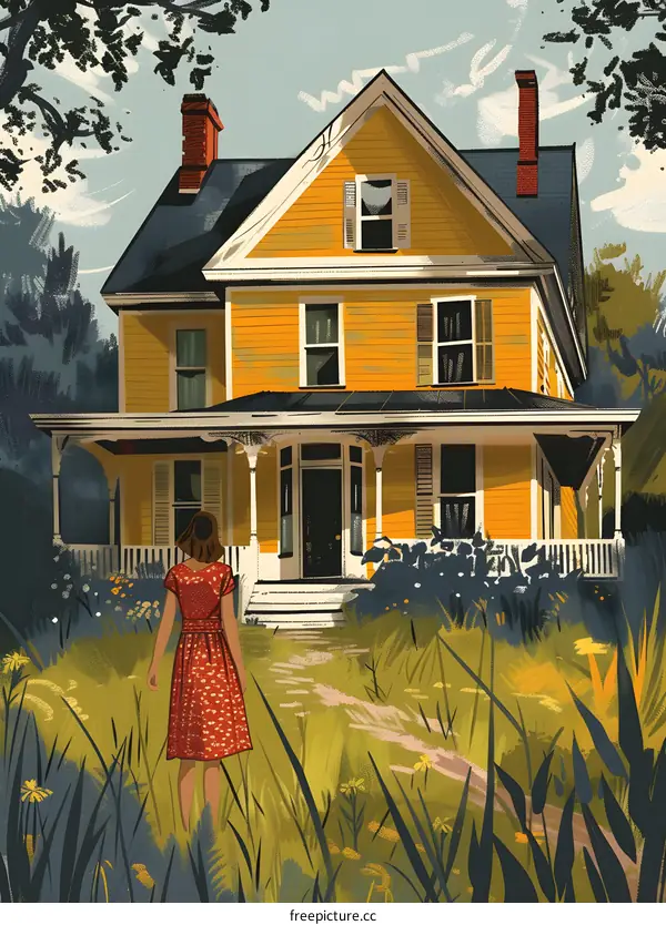 girl in red dress walking towards yellow house