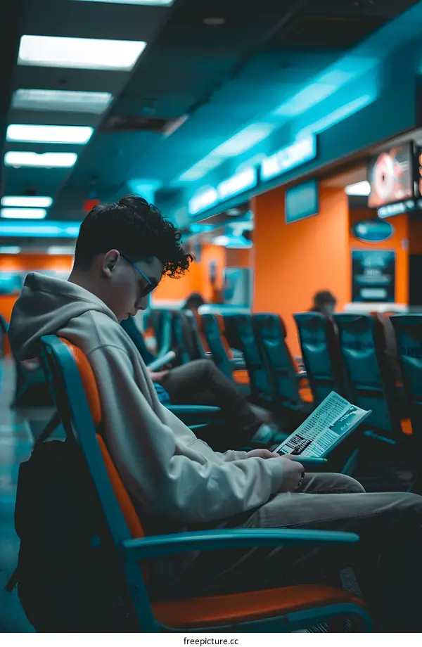 Man Reading Newspaper in Waiting Room