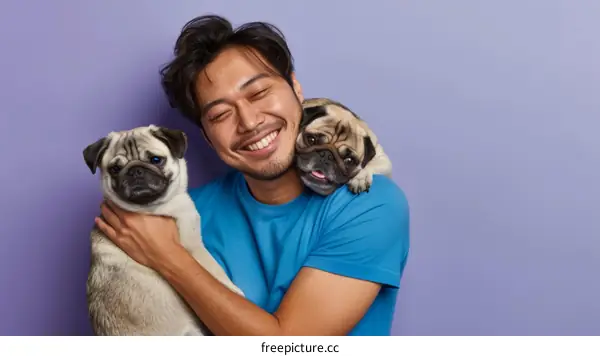 Asian man with two pugs