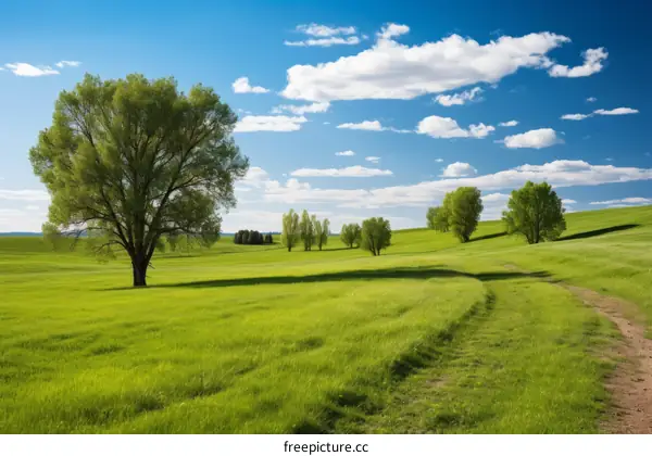Green rolling hills with a blue sky and white clouds