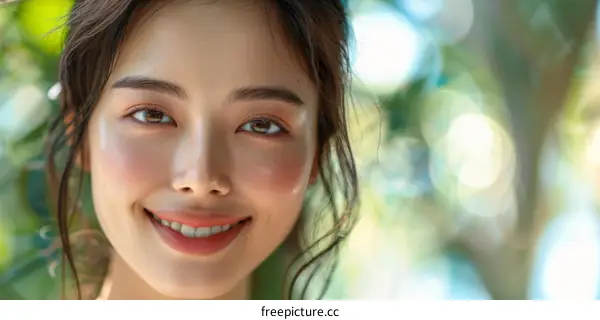 Close up portrait of a beautiful Asian woman smiling with happiness and joy