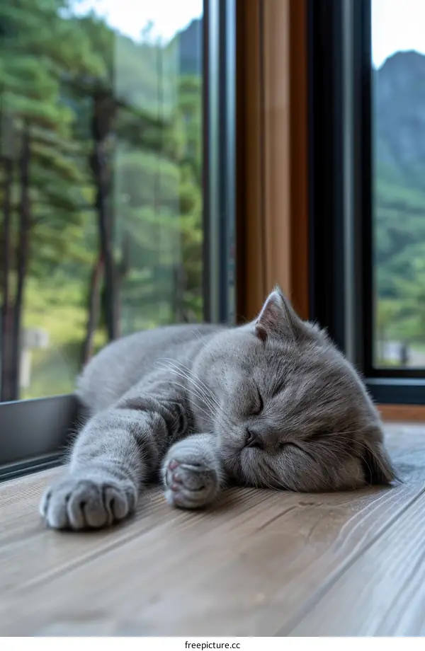 A gray cat is sleeping on the wooden floor in front of the floor-to-ceiling windows.