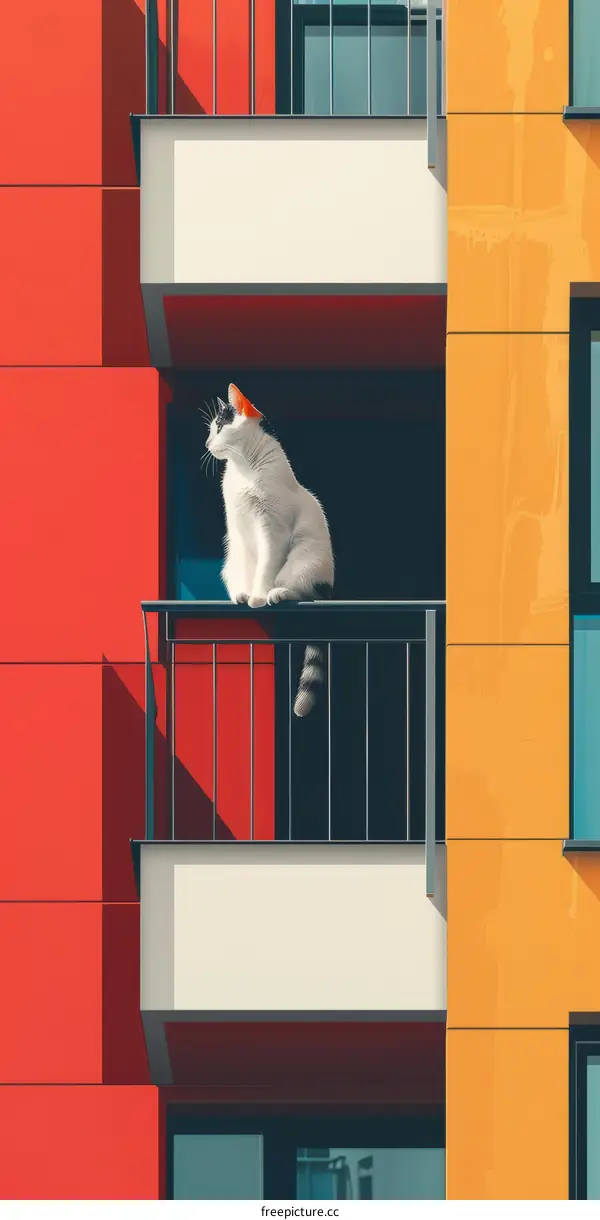 A cat enjoying the view from a colorful building's balcony