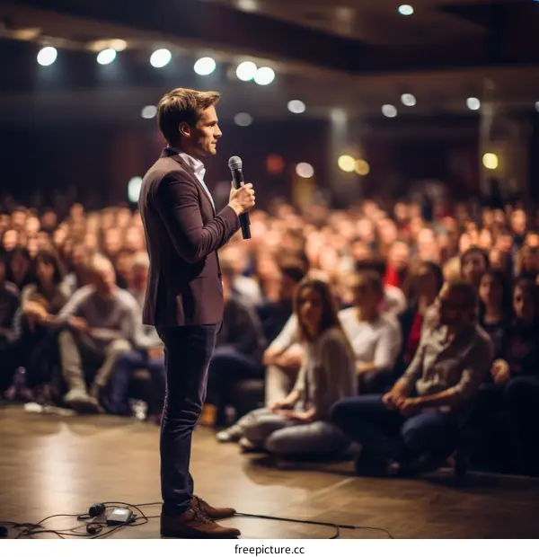 Young male speaker giving a talk at a conference