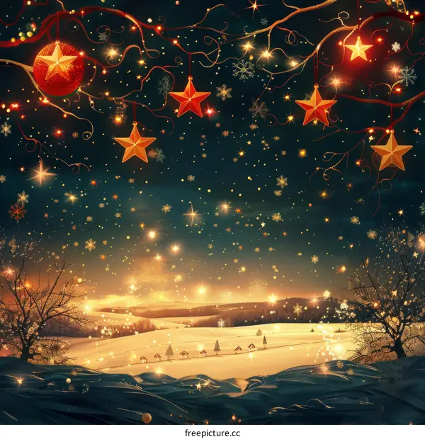 Snowy Village with Festive Atmosphere on Christmas Eve