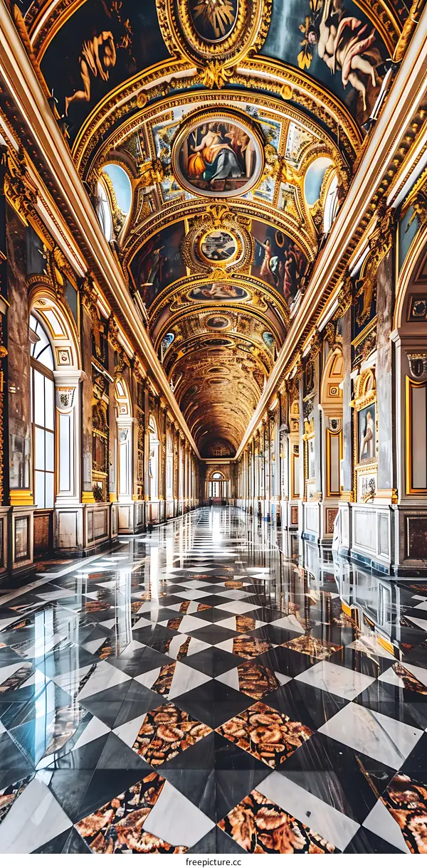 Golden Hallway with Checkered Floor and Art