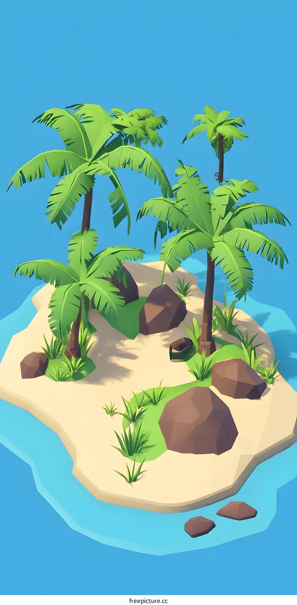 Low Poly Tropical Island with Palm Trees and Rocks