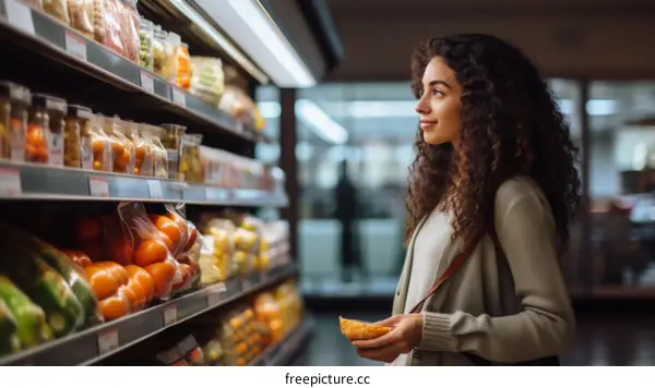 A young woman with curly hair is shopping in a grocery store.