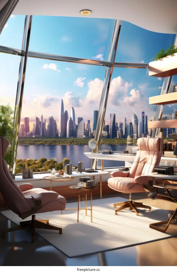 Office interior with a view of the city