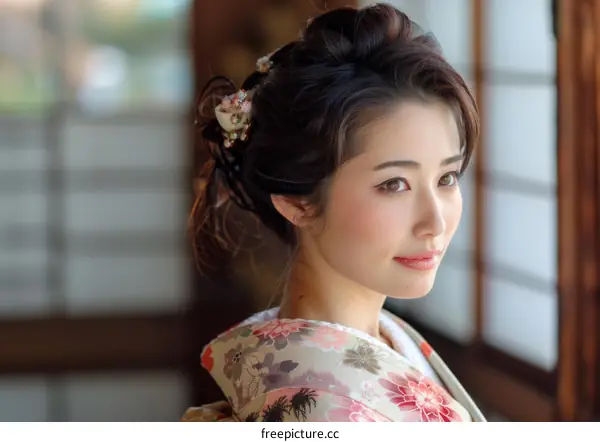 Portrait of a Japanese woman in traditional kimono