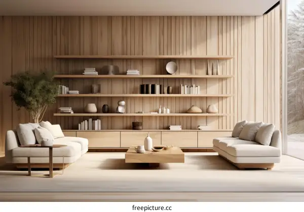 Bright and Minimalist Living Room with Bookshelves and Large Window