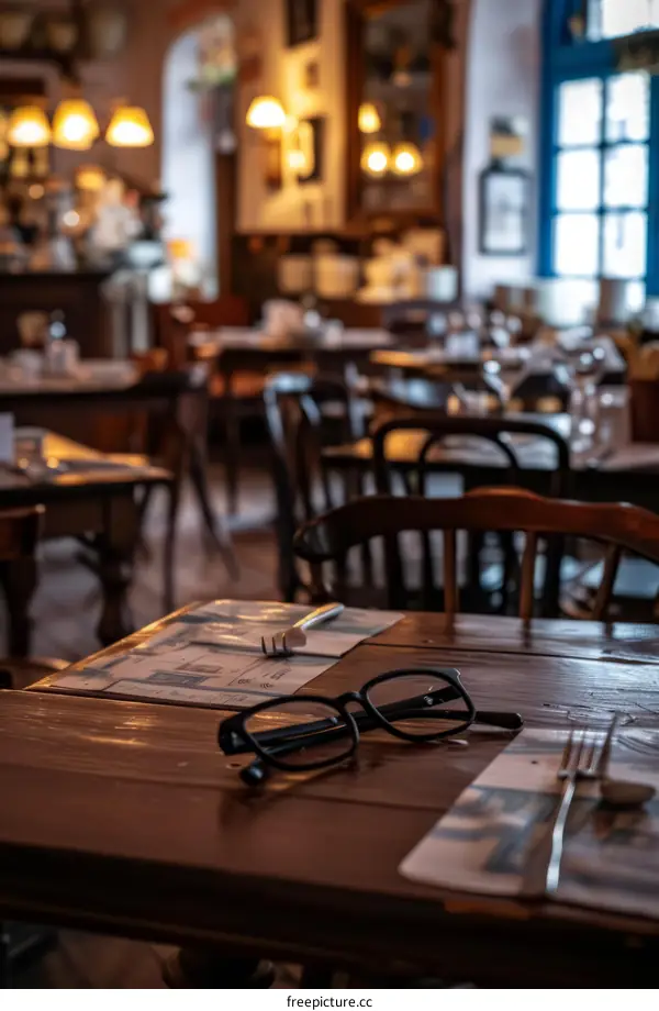 An empty restaurant with glasses on the table