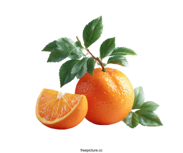 [Transparent Background PNG]Fresh Ripe Orange with Leaves
