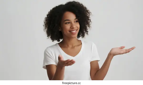 Young African American woman with curly hair gesturing