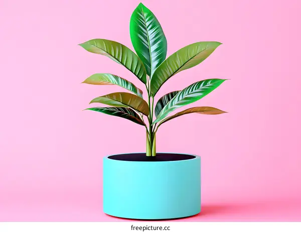 Green Plant in Blue Pot on Pink Background