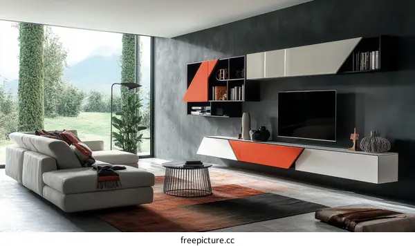 Modern Living Room Interior Design with Geometric Wall Unit