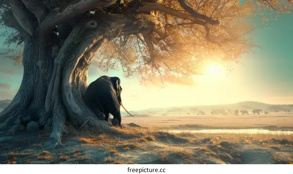 Elephant Resting Under Tree