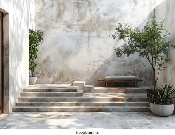 Steps Lead to Seating Area in Front of Stone Wall in Outdoor Space