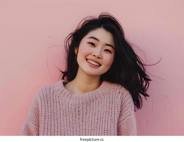 Smiling Asian Woman in Pink Sweater Against Pink Wall