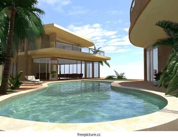 Modern Tropical Villa with Swimming Pool and Palm Trees