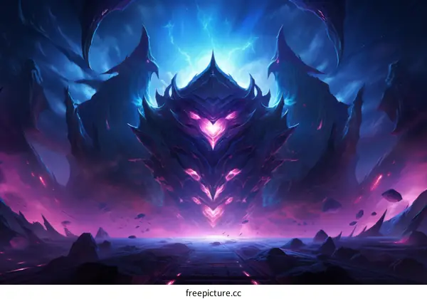 Fantasy landscape with a dark castle and a glowing portal