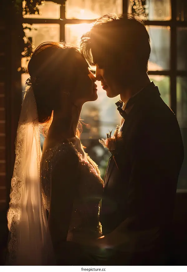 Asian Couple In Traditional Wedding Attire Embracing In Front Of Window