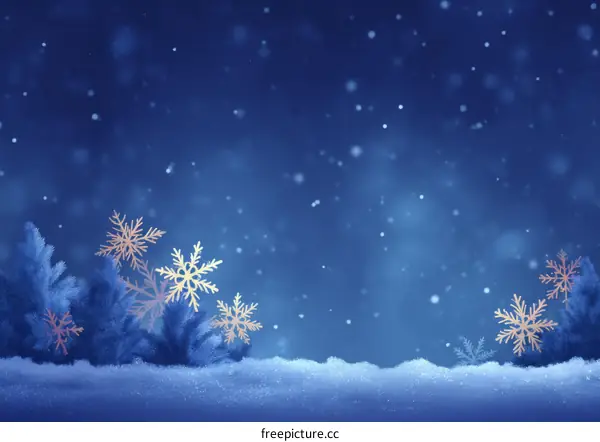Winter Night Snowy Landscape with Snowflakes