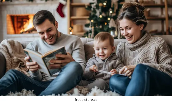 Family of three sitting on a couch and reading a book together