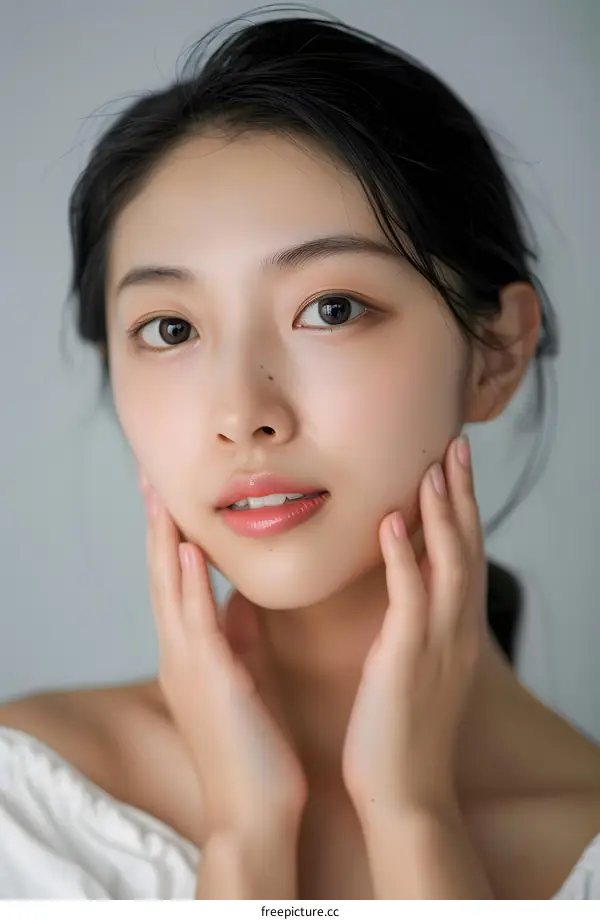 Beautiful Asian Woman With Long Black Hair Looking At Camera