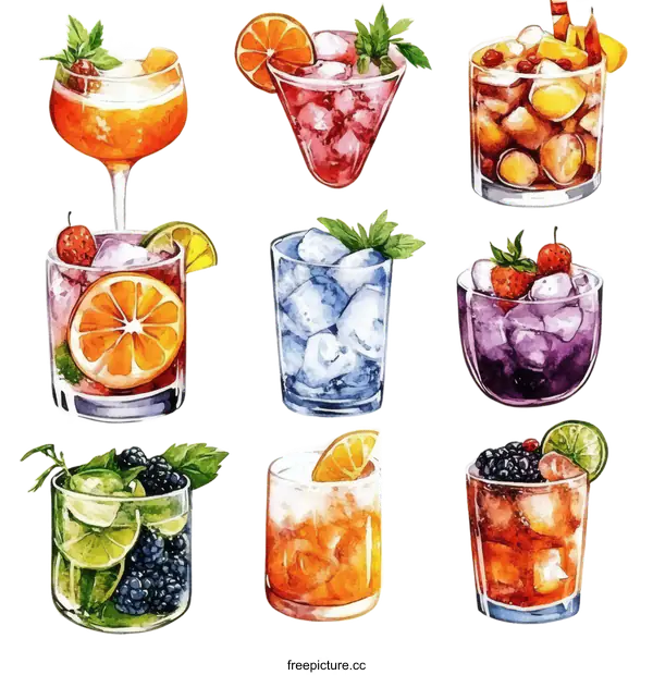 [Transparent Background PNG]Colorful Cocktails Illustration Set