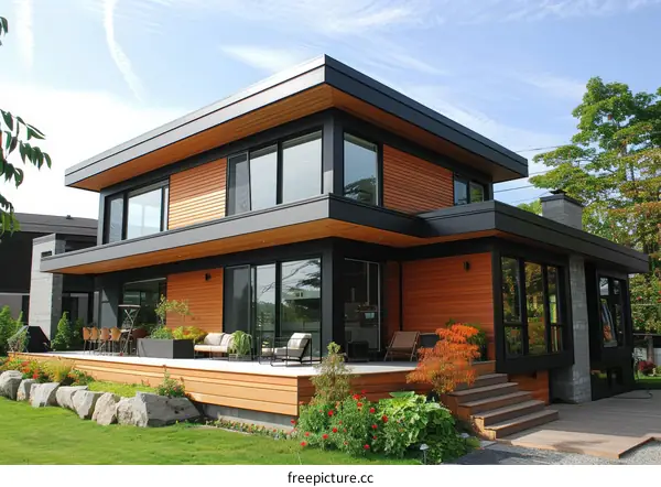 Modern Two-Story House with Large Windows and Flat Roof