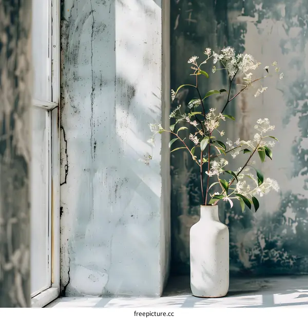 White Flowers in a Vase Against a Wall