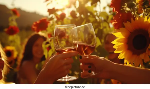 Friends toasting with wine glasses in a field of sunflowers at sunset