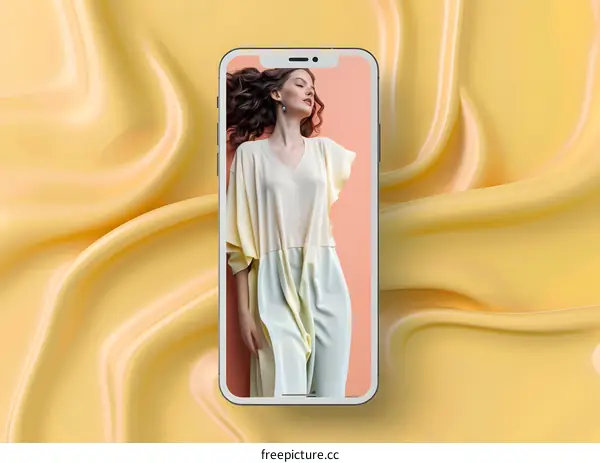 Woman Wearing White Dress Displayed on Smartphone Against Yellow Fabric Background