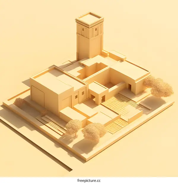 Minimalist 3D Model of a Middle Eastern Courtyard House