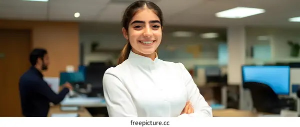 Smiling Businesswoman with Arms Crossed in Office Setting