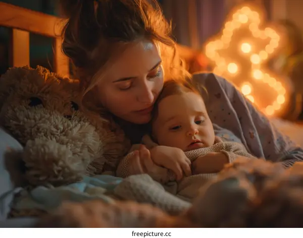 Mother and baby sleeping in bed with teddy bear and lights in the background