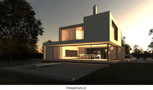 Modern House with Pool and Garden at Dusk