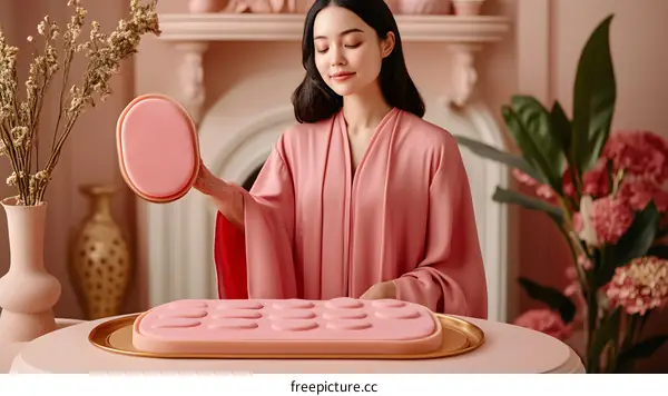 Woman in Pink Robe Placing Circular Objects on a Tray