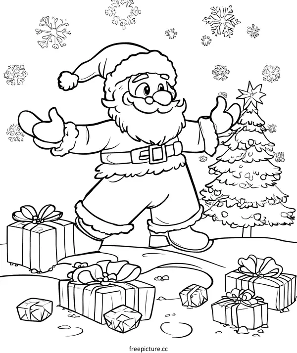 Santa Claus with Christmas Tree and Presents Coloring Page