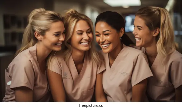 Four beautiful smiling multiethnic female nurses in pink scrubs