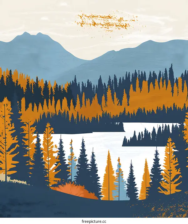 Mountain Lake Autumn Forest Landscape Illustration