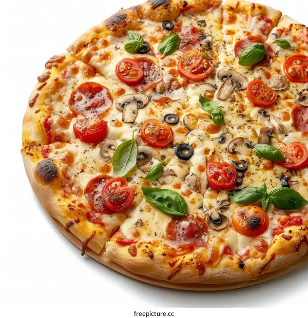 Delectable Pizza with Pepperoni, Mushrooms, Tomatoes, and Basil