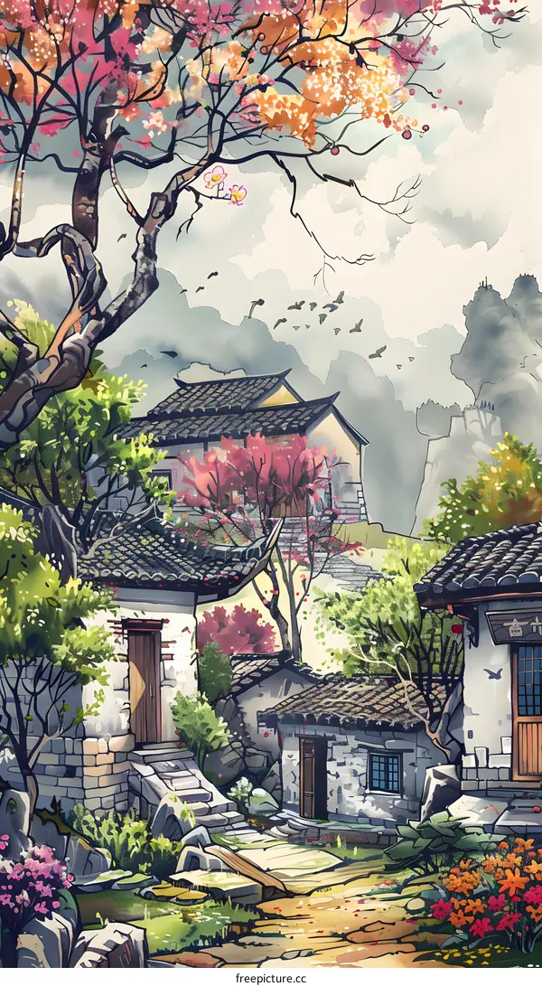 Watercolor Painting of a Traditional Chinese Village with Cherry Blossoms