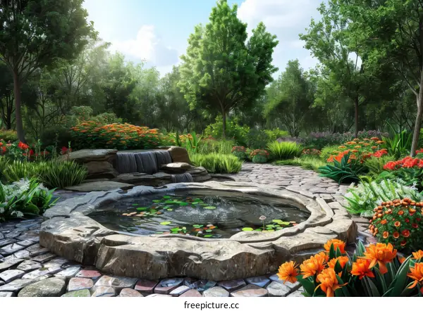 A beautiful garden with a pond, flowers, and trees