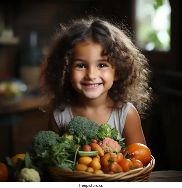 Little girl with curly hair holds a basket full of fresh vegetables