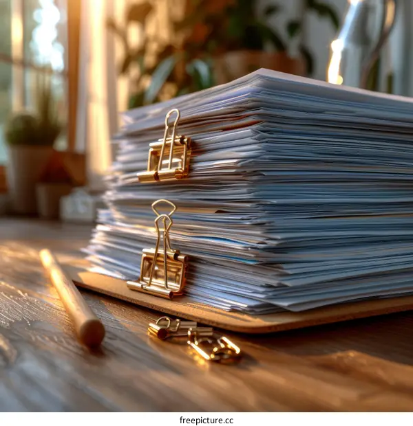 A stack of printed documents on a desk