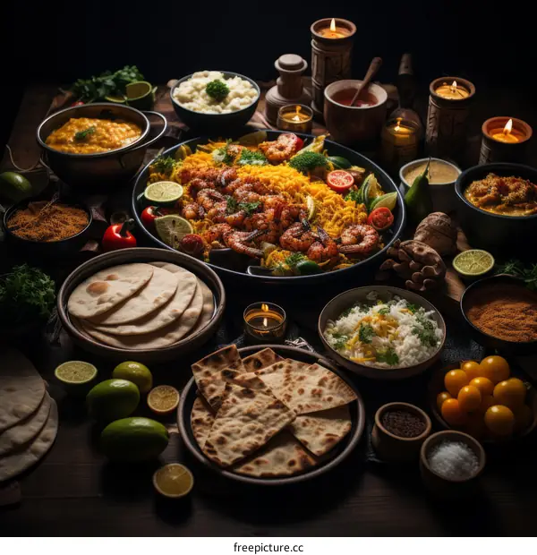 Indian Feast: A Colorful Spread of Curries, Rice, and Naan