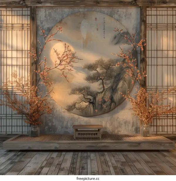 Elegant Japanese Interior Design with a Stunning Landscape Painting